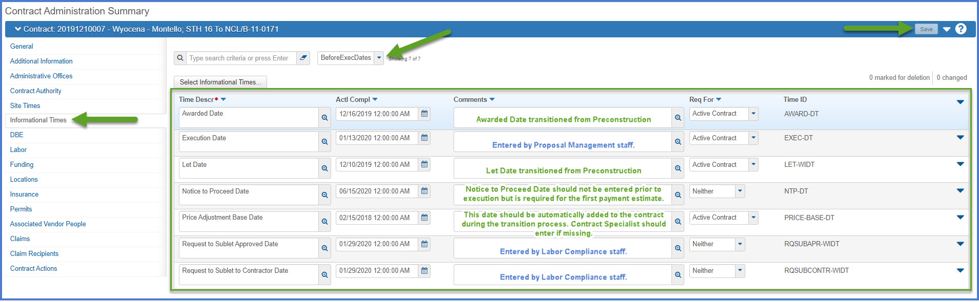 Construction Start Dates (prior To Execution)